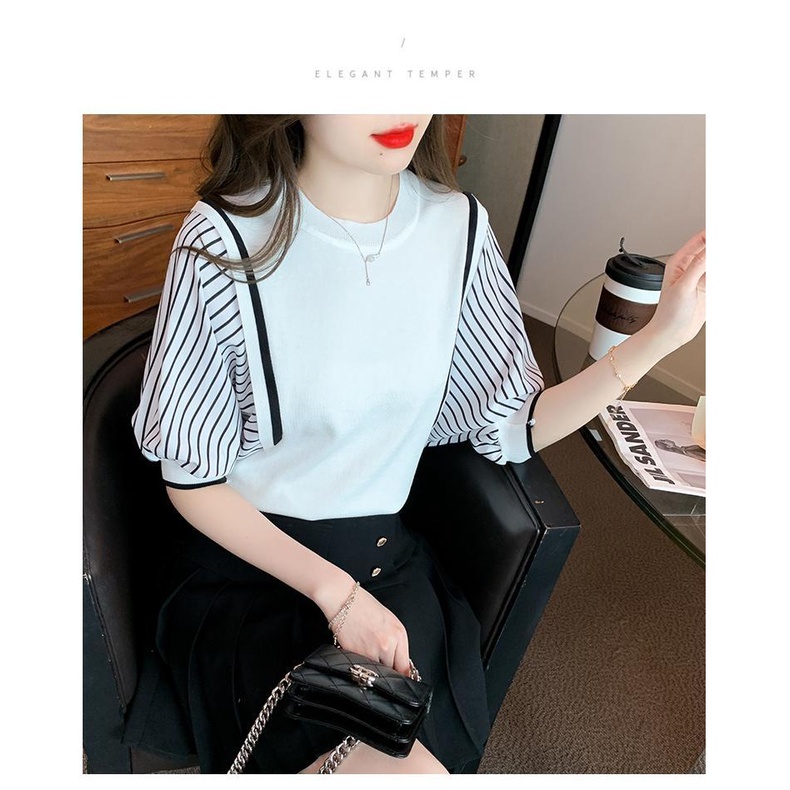 Áo Thun Dệt Kim Tay Ngắn Họa Tiết Kẻ Sọc Thời Trang Mùa Hè 2023 Cho Nữ
