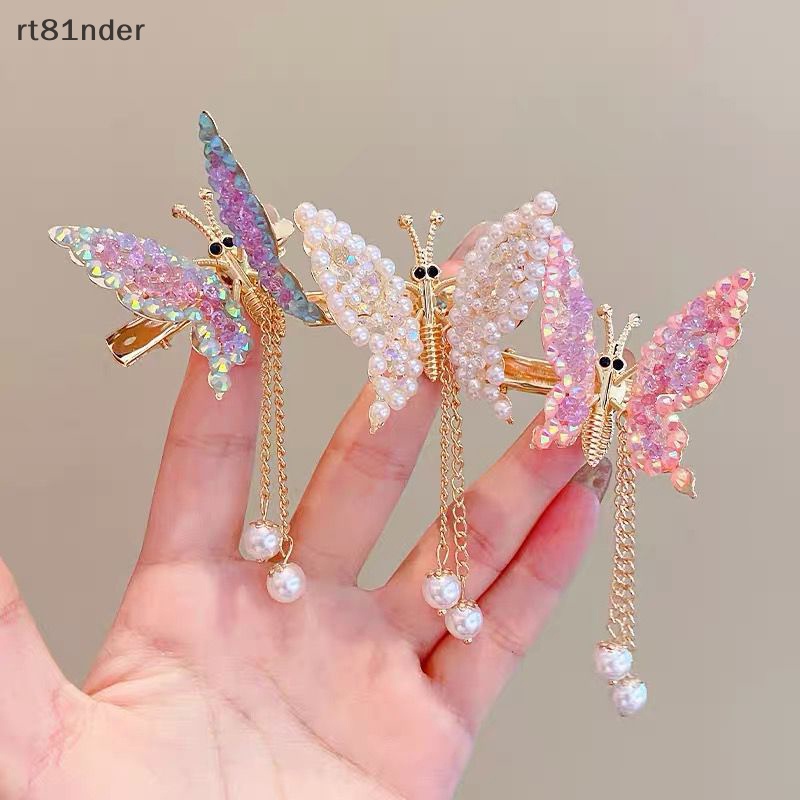 Rt Kẹp Tóc Dạng Lắc Hình Cánh Bướm Bằng Hợp Kim Đính Ngọc Trai DIY Cho Bé Gái