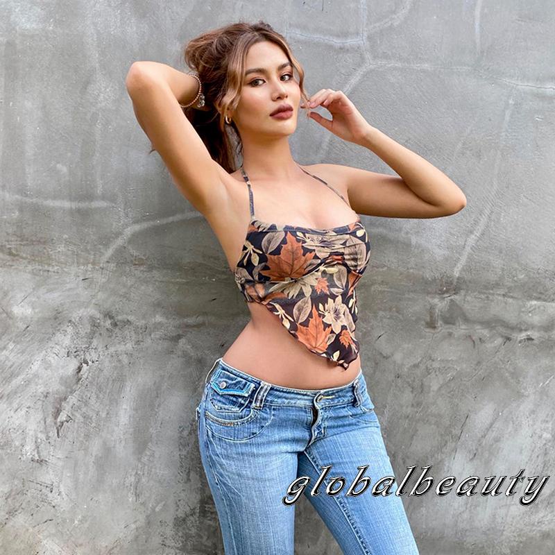 Áo Crop Top Không Tay Hở Lưng Ôm Dáng Họa Tiết Hoa Thời Trang Mùa Hè Cho Nữ