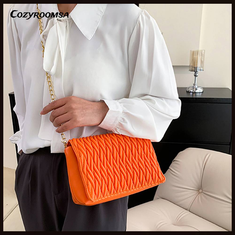 Túi Đeo Chéo Da PU Xếp Ly Phối Dây Đeo Sợi Xích Thời Trang Cho Nữ