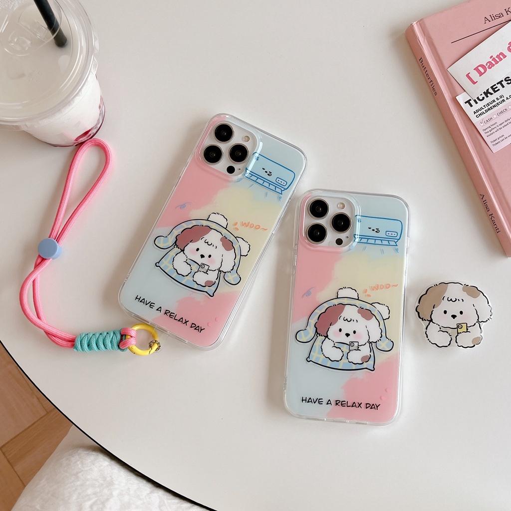 Ốp Điện Thoại TPU Mềm Trong Suốt Chống Sốc In Hình Chú Chó Hoạt Hình Có Giá Đỡ Và Dây Đeo Cổ Tay Cho iPhone 11 13 12 14 Pro Max