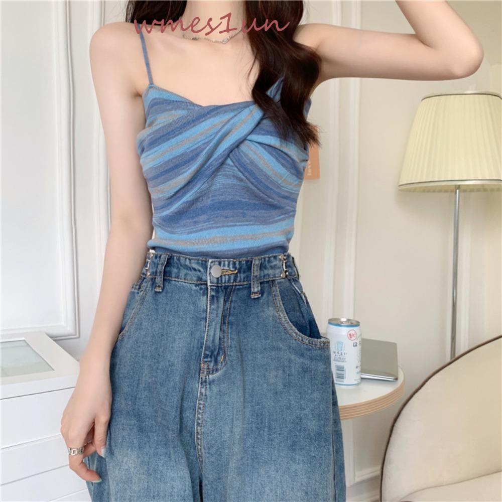 Áo Croptop Hai Dây Polyester Mỏng Vừa Vặn Họa Tiết Kẻ Sọc 15H Gợi Cảm Cho Nữ