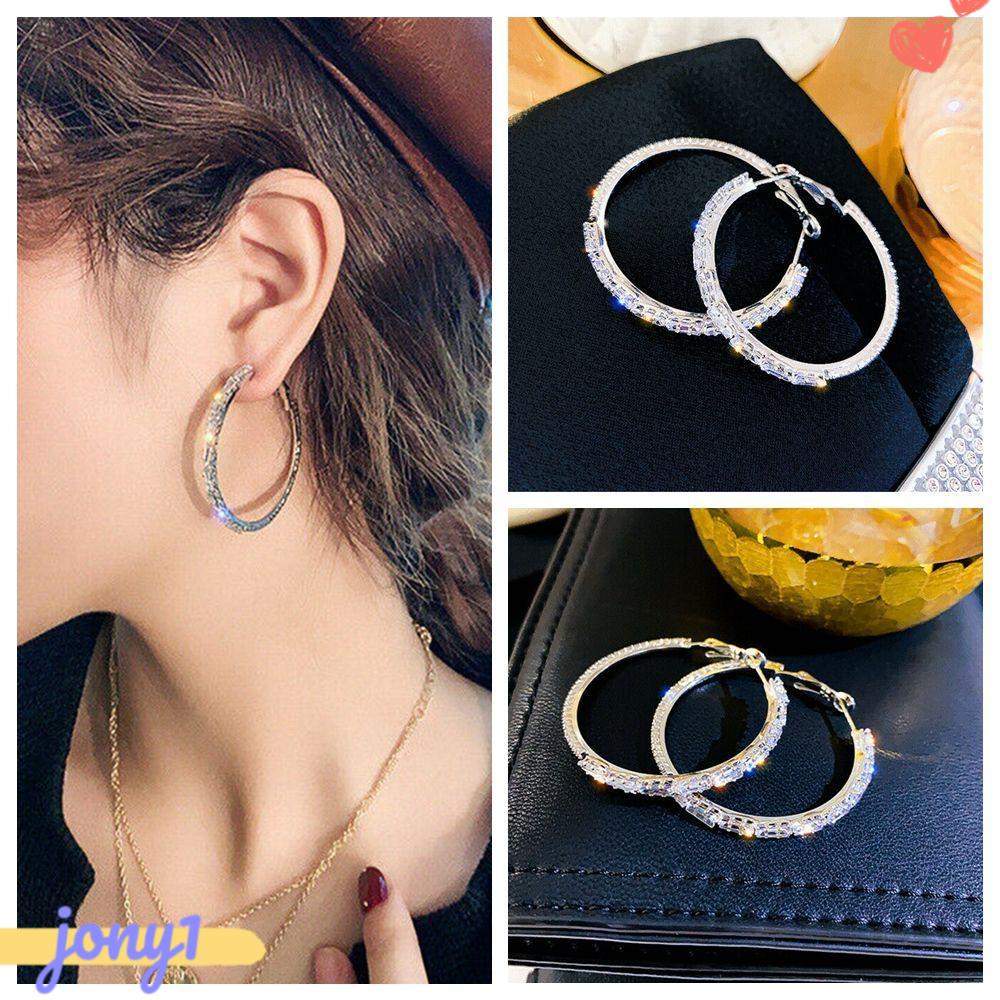 Bông Tai Dạng Vòng Tròn Thời Trang Dành Cho Nữ|Vòng Tròn Lớn Đính Đá Sapphire Trắng Thanh Lịch