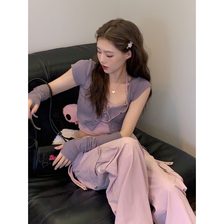 COZOK Bộ Áo cardigan Ngắn Tay + Áo Sát Nách Thời Trang Quyến Rũ Cho Nữ