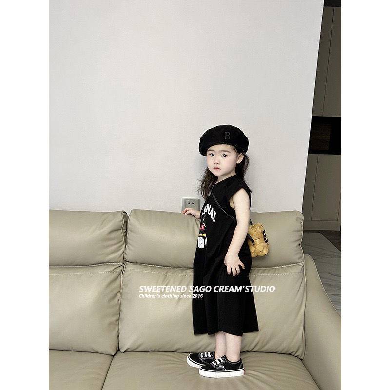 Đầm Dài Không Tay In Hình Hoạt Hình Phong Cách Hàn Quốc Dành Cho Bé Gái