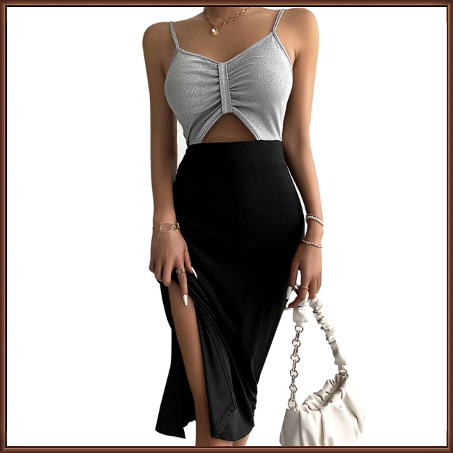 Đầm Lửng Không Tay Cổ Chữ V Lưng Cao Màu Sắc Tương Phản Thời Trang Mùa Hè Dành Cho Nữ