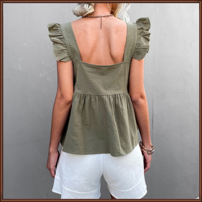 Áo Croptop Sát Nách Cổ Vuông Viền Bèo Màu Sắc Đơn Giản Thời Trang Mùa Hè Cho Nữ