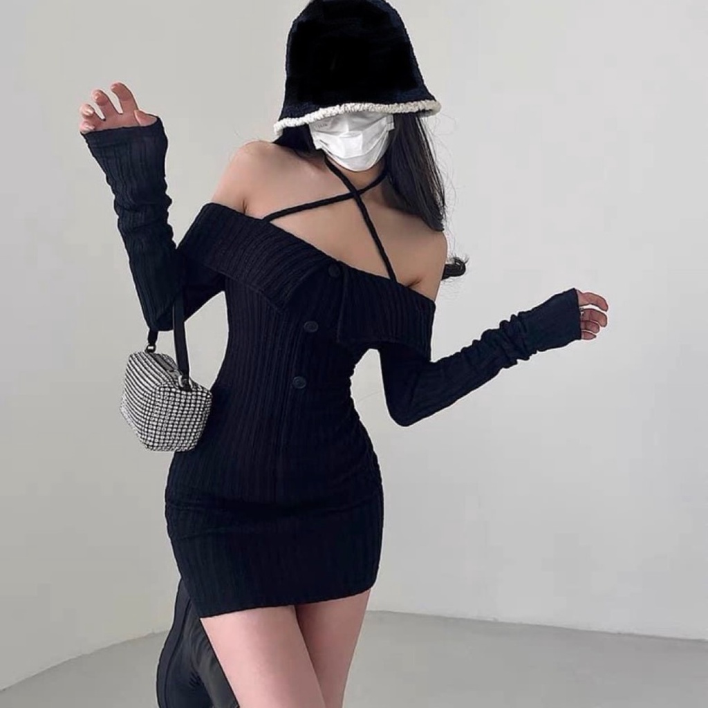 Đầm body form ngắn phối dây chéo cổ trễ vai lật lai phối nút tay dài xinh xắn chất vải Thun gân QChâu 4 chiều FreeSize