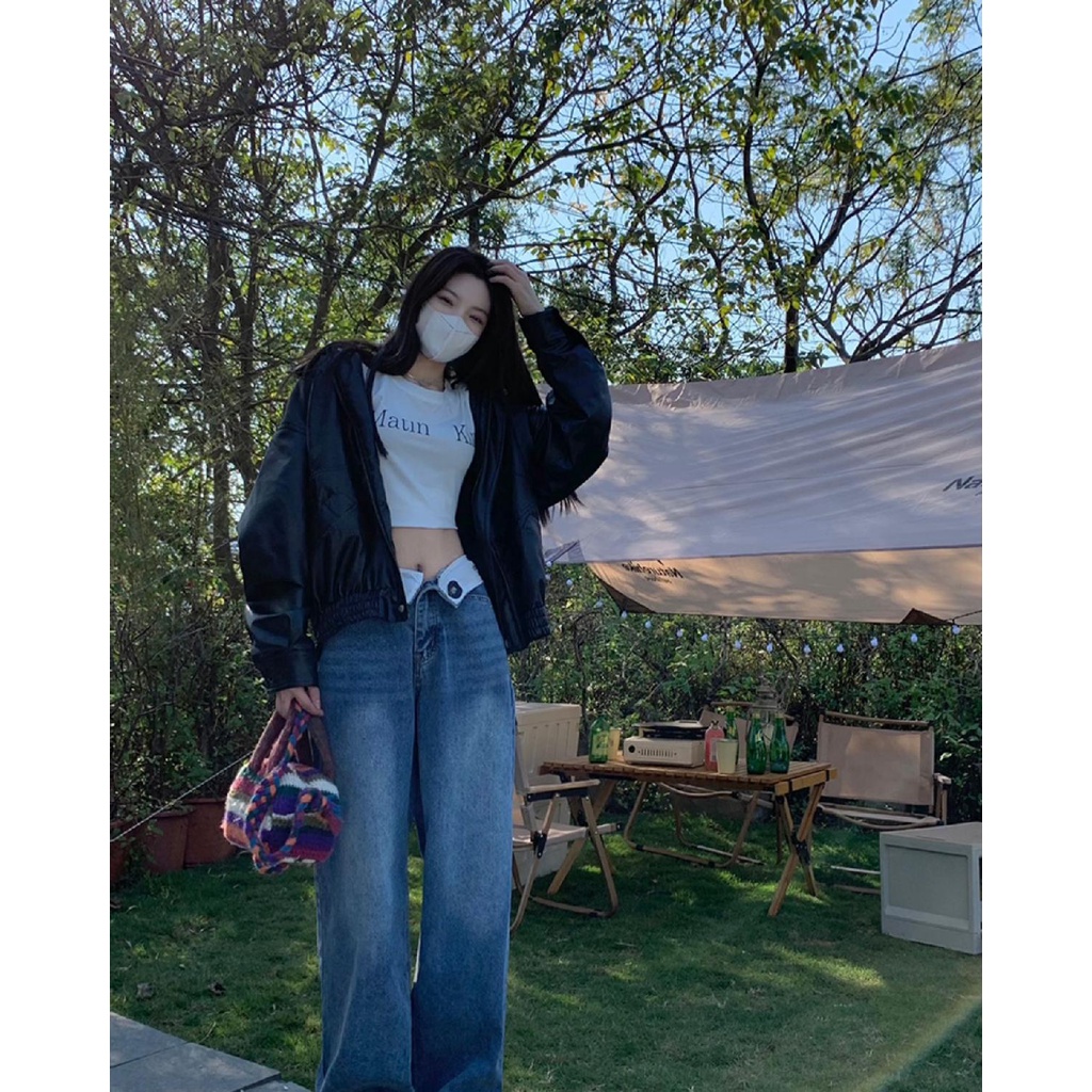 Quần Jean Ống Rộng Lưng Cao Phong Cách Retro Mỹ Thời Trang Cho Nữ