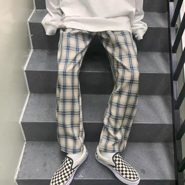 Quần Dài Ống Rộng Họa Tiết Sọc Caro Phong Cách Harajuku Nhật Bản Thời Trang Mùa Hè Cho Nam