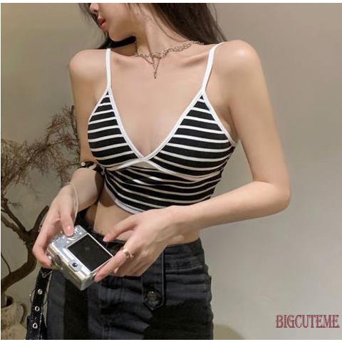 Áo Hai Dây Cổ Chữ V Khoét Sâu Họa Tiết Kẻ Sọc Cho Nữ