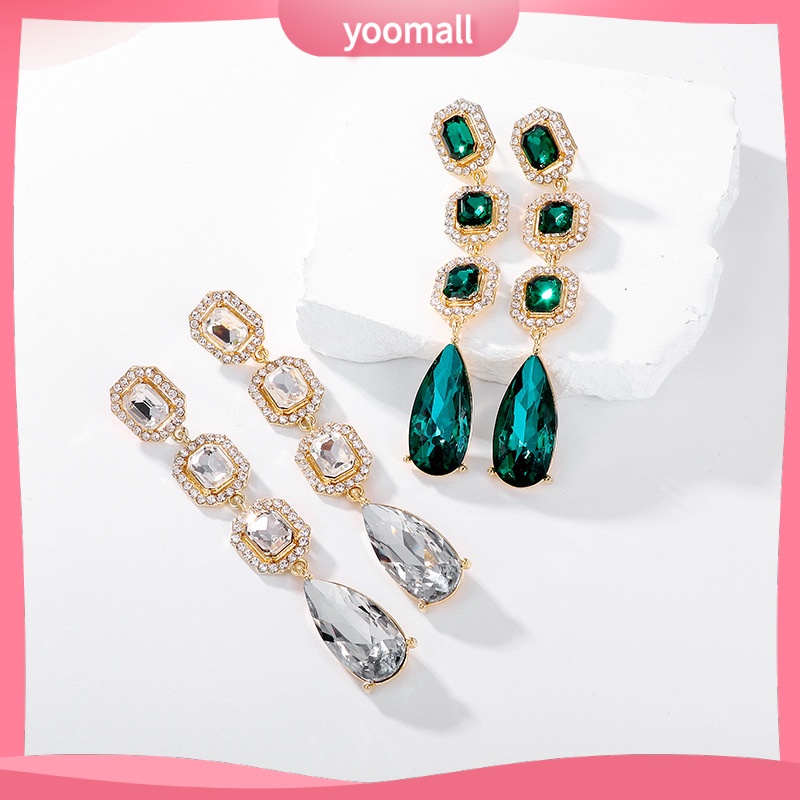 Bông Tai Dáng Dài Đính Kim Cương Hình Giọt Nước Lấp Lánh Thời Trang Âu Mỹ Cao Cấp Dành Cho Cô Dâu