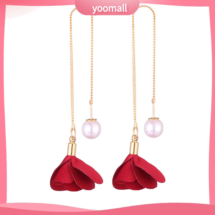 Bông Tai Dáng Dài Hình Hoa Hồng Đính Ngọc Trai Thanh Lịch Thời Trang Cho Nữ