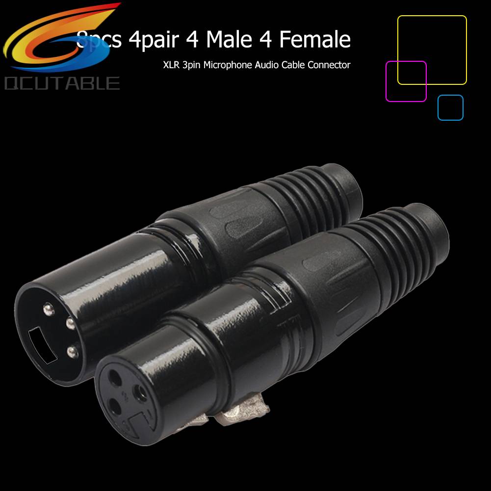 Set 8 Đầu Nối Dây Cáp Âm Thanh Micro 4 Male 4 Female XLR 3Pin Màu Đen