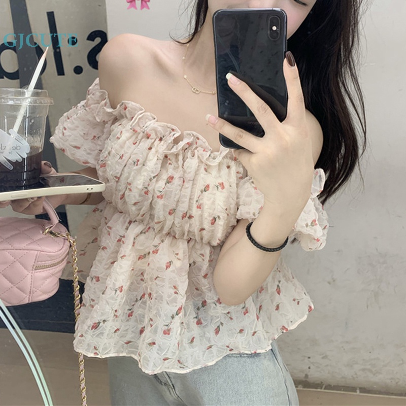 Áo Kiểu Trễ Vai Tay Ngắn Phối Bèo Họa Tiết Hoa Thời Trang Mùa Hè Cho Nữ