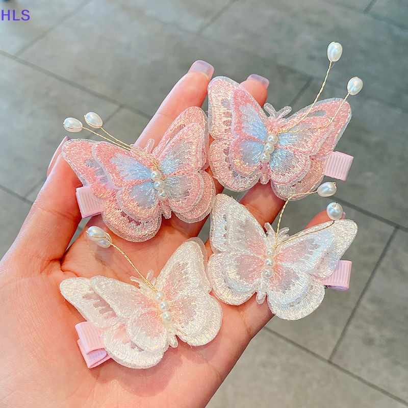 1 Cặp Kẹp Tóc Thêu Hình Bướm Đính Ngọc Trai Cho Bé Gái