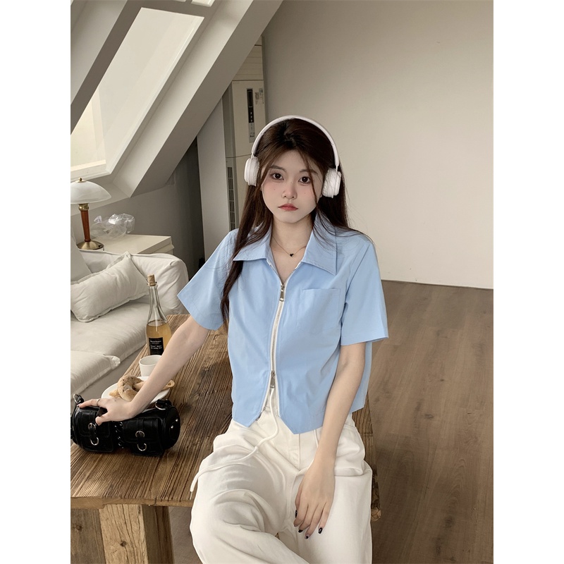 Áo Sơ Mi Tay Ngắn Cổ Polo Hai Dây Kéo Đôi Màu Trơn Mùa Hè Hàn Quốc Mới Cho Nữ