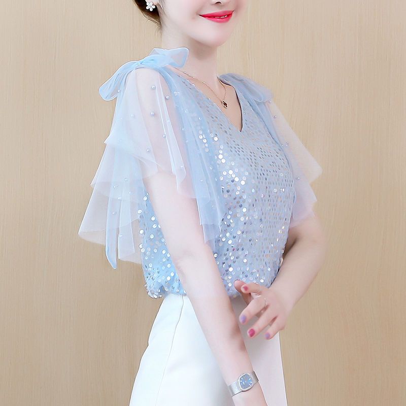 Áo Sơ Mi Chiffon Tay Ngắn Cổ Chữ v Phối Ren Đính Kim Sa Lấp Lánh Thời Trang Mùa Hè Cho Nữ