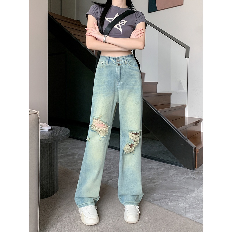 NZN Quần Jean Lưng Cao Màu Sắc Tươi Sáng Phong Cách retro Hàn Quốc Cho Nữ