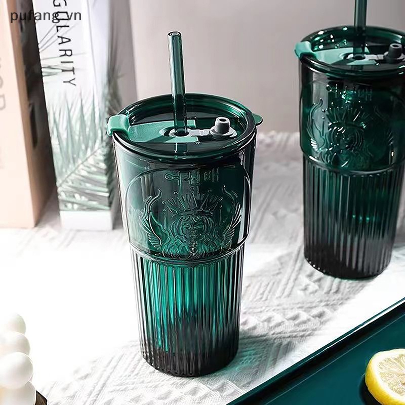 Cốc Thủy Tinh Uống Cà Phê Dung Tích 600ML Có Ống Hút Tiện Dụng