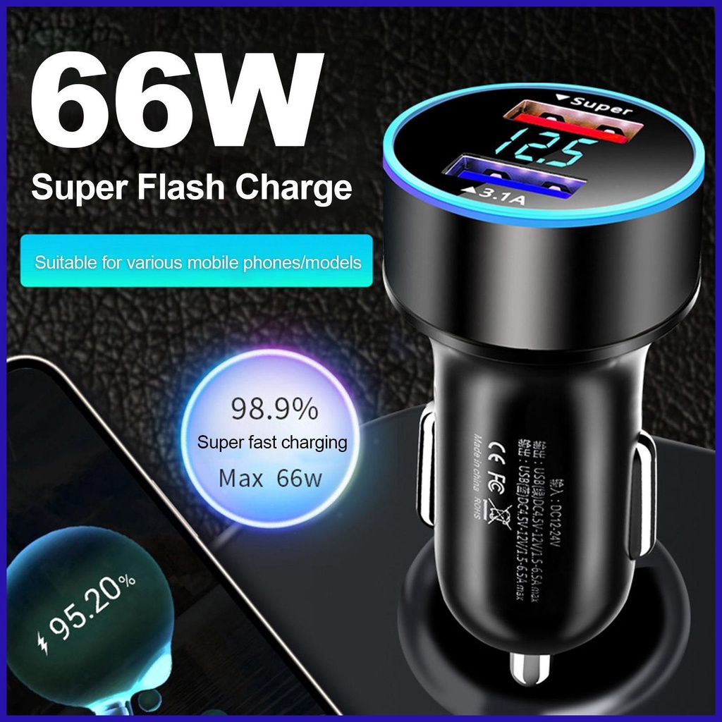 Tẩu Sạc Nhanh 66W PD Type C Hai Cổng Có Màn Hình LED Kỹ Thuật Số Mini Bằng Hợp Kim Cho Xe Hơi