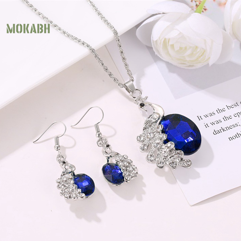 Bộ 2 Vòng cổ + Bông Tai Hình Chim Công Đính Đá Lấp Lánh