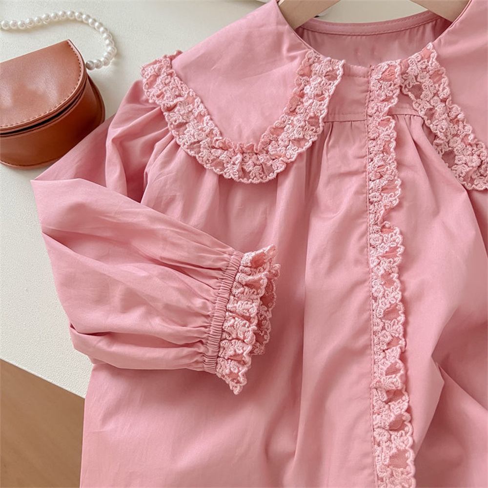 BEAR LEADER Set Đồ Mùa Hè 2 Món Gồm Áo Sơ Mi Tay Dài Cổ Búp Bê Màu Hồng + Quần Jeans Viền Hoa Màu Trơn Cho Bé Gái 2-6 Tuổi