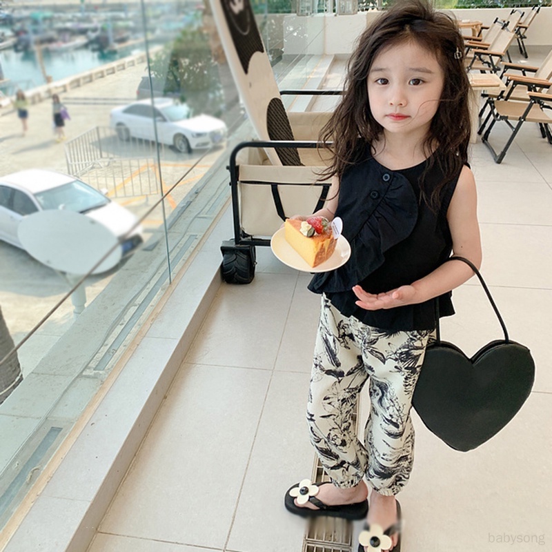 Set Áo Sát Nách Xếp Ly + Quần In Họa Tiết Thời Trang Mùa Hè Cho Bé Gái