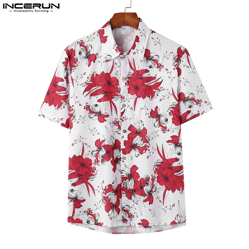 INCERUN Áo Sơ Mi Ngắn Tay In Hoa Thời Trang Dành Cho Nam