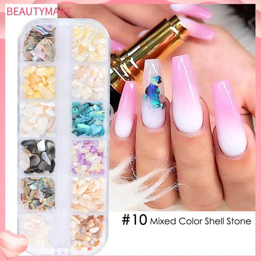 Hộp 12 Ngăn Đựng Đá Đính Móng Tay Kim Loại Hình Vỏ Sò Đa Năng Cho Nữ