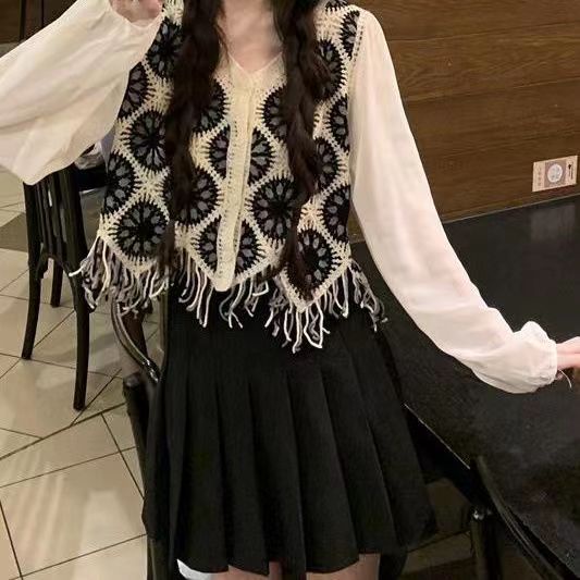 Áo Dệt Kim Tay Dài Phối Tua Rua Phong Cách vintage Ngọt Ngào Cho Nữ