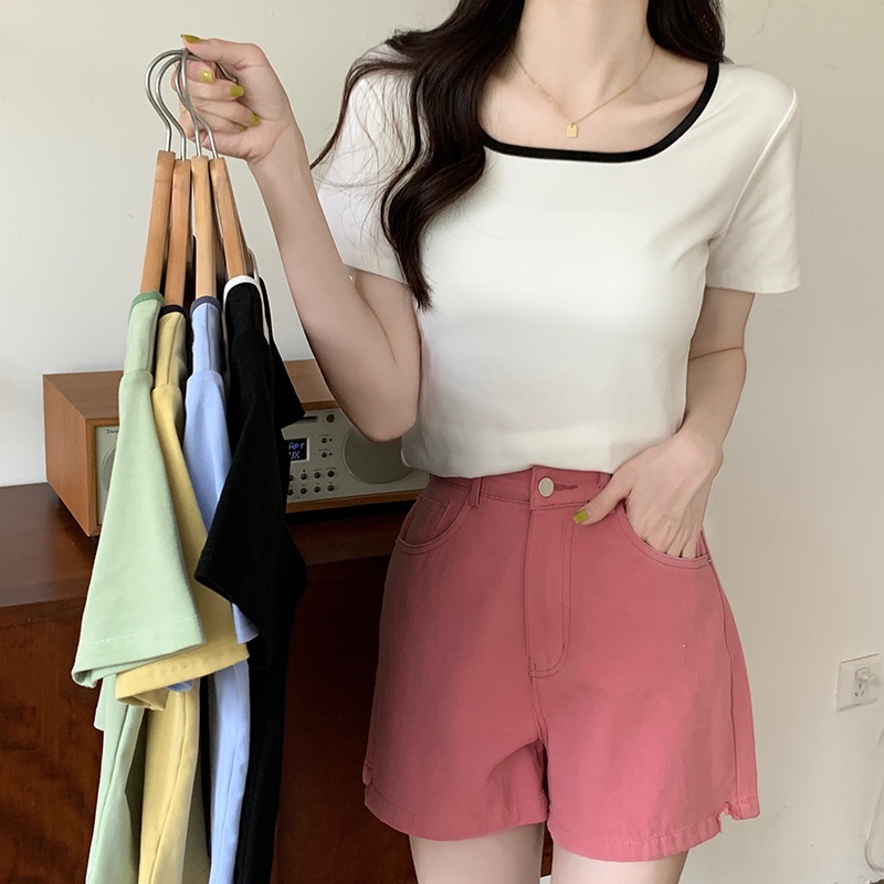 Áo Thun Tay Ngắn Dáng Ôm Màu Sắc Tương Phản Phong Cách Retro Dành Cho Nữ