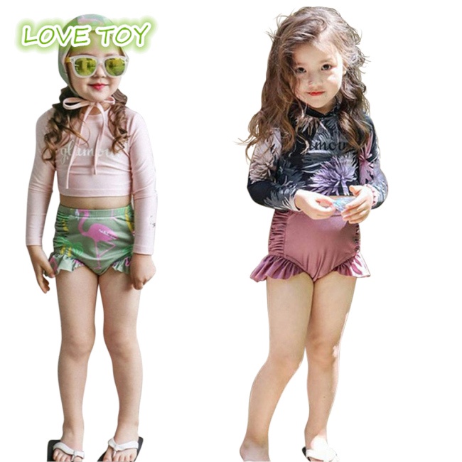 Bộ Đồ Bơi 3 Món Áo Tay Dài Chống Nắng Phối Quần Short Lưng Cao Cá Tính Cho Bé Gái