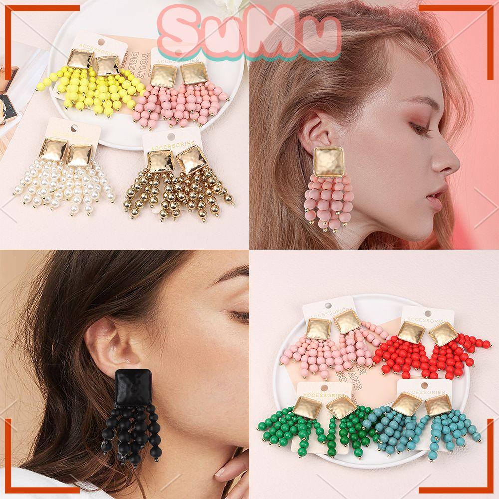 SUMU Khuyên Tai Tua Rua Hạt Gỗ Kim Loại Cho Nữ