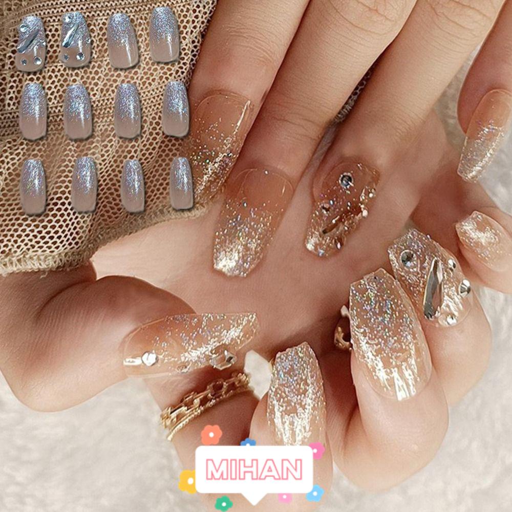 MIHAN1 Set 24 Móng Tay Giả DIY Lấp Lánh MIHAN1|Đầm Nữ Phong Cách Thời Trang Pháp Cá Tính