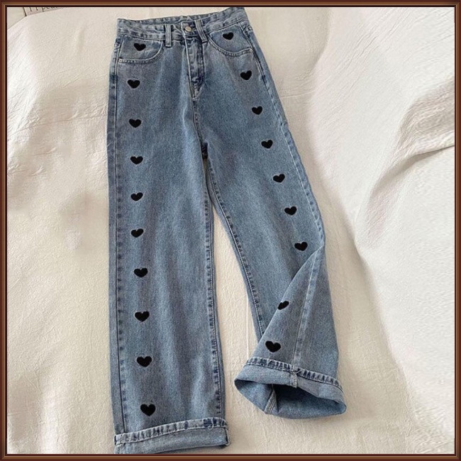 Quần Jeans Baggy Ống Rộng Lưng Cao Co Giãn Thêu Hình Trái Tim Dành Cho Nữ