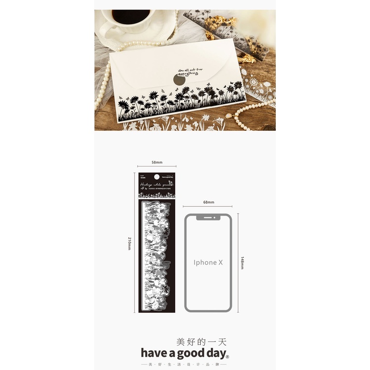 10 Tờ Ren Đen Trắng Dán Hoa Bóng Chất Liệu Trang Trí Giấy Đáy DIY Sổ Lưu Niệm Hình Chữ Nhật Văn Phòng Phẩm 210 * 58MM