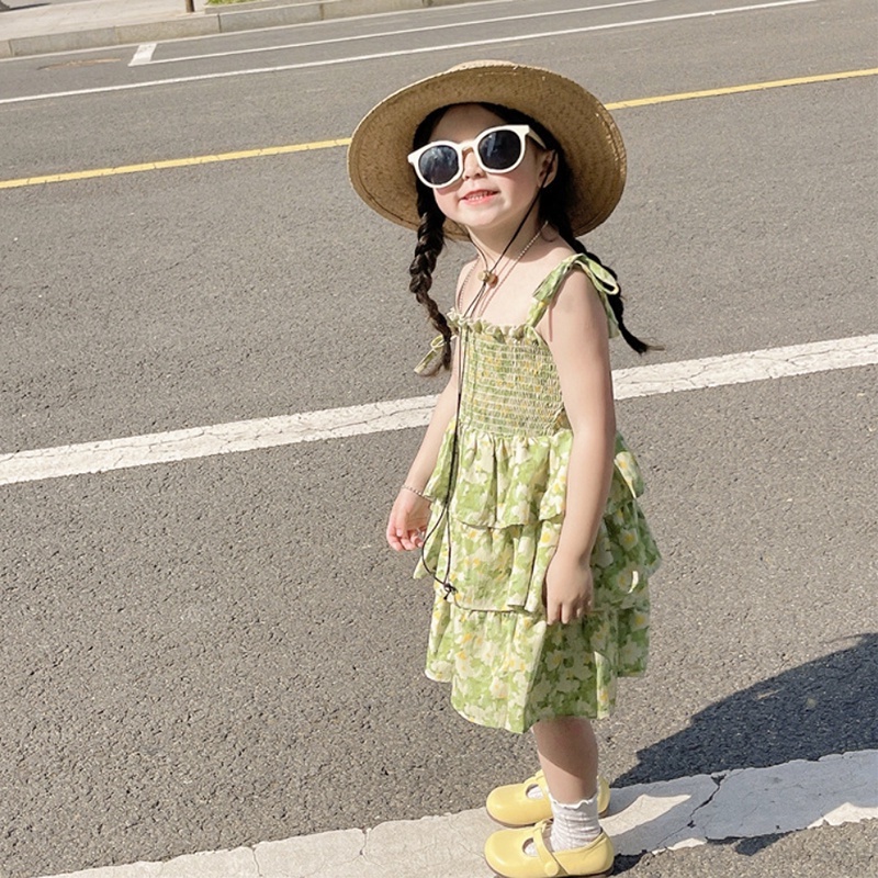 Đầm Công Chúa Mùa Hè Hai Dây Phồng Phong Cách Hàn Quốc Ngọt Ngào Cho Bé Gái