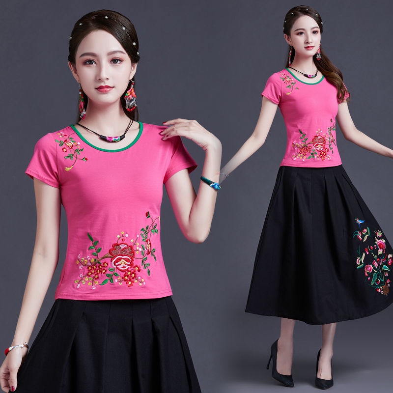 Áo Thun Cotton Tay Ngắn Cổ Tròn Thêu Họa Tiết Phong Cách Trung Hoa Cổ Điển Thời Trang Mùa Hè Hàng Mới Dành Cho Bạn Nữ