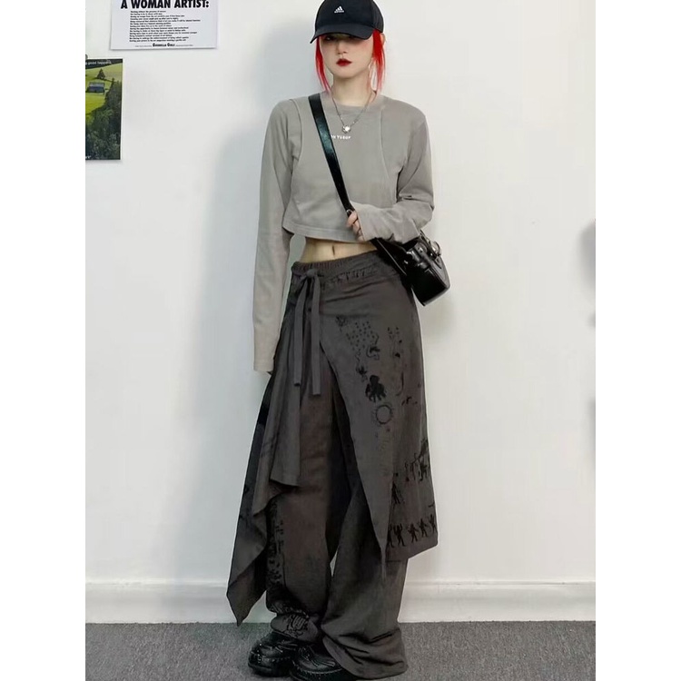 Hakama Quần Dài Dáng Suông Lưng Thun Giả Hai Mảnh Bất Đối Xứng Thời Trang Thường Ngày Cho Cặp Đôi Nam Và Nữ Y