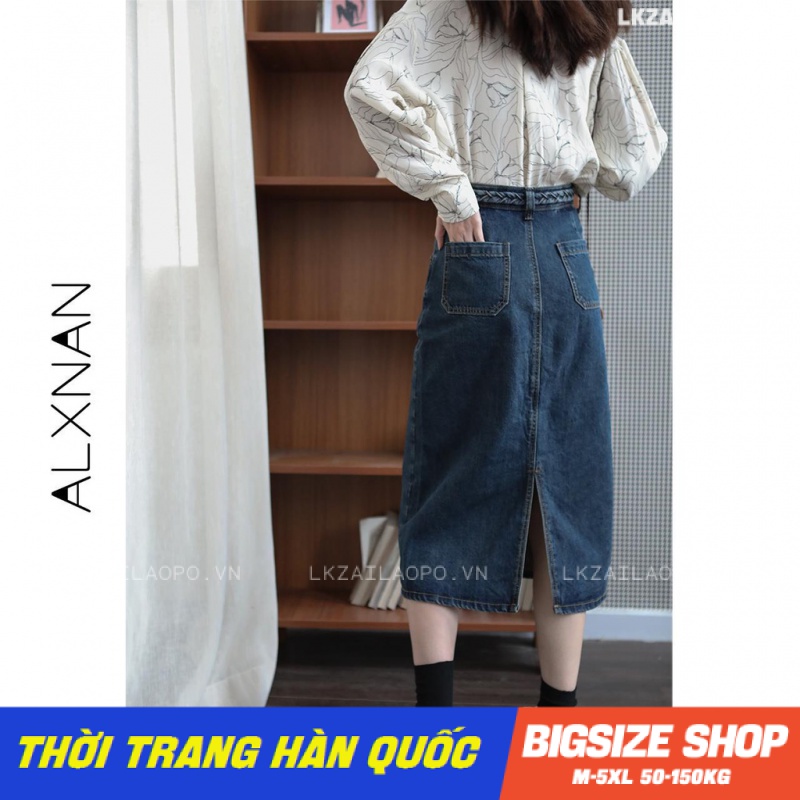 chân váy jean Bigsize chân váy nữ lưng cao cạp cao xẻ tà chữ a mùa thu Phong cách Hàn Quốc Thời Trang cá tính xinh đẹp cho người mập béo nữ