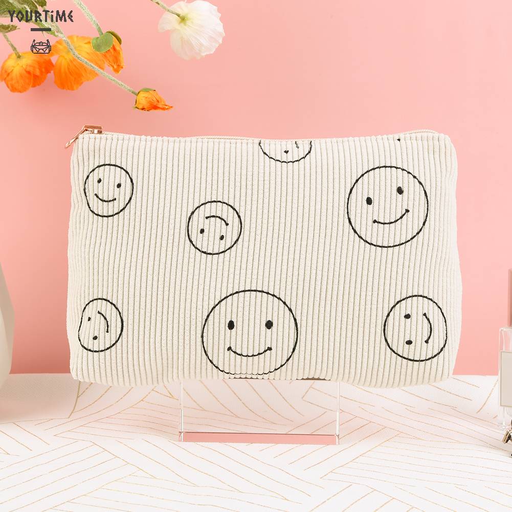 Túi Đựng Mỹ Phẩm Hai Mặt Bằng Vải Nhung Kẻ Dễ Thương Xinh Xắn