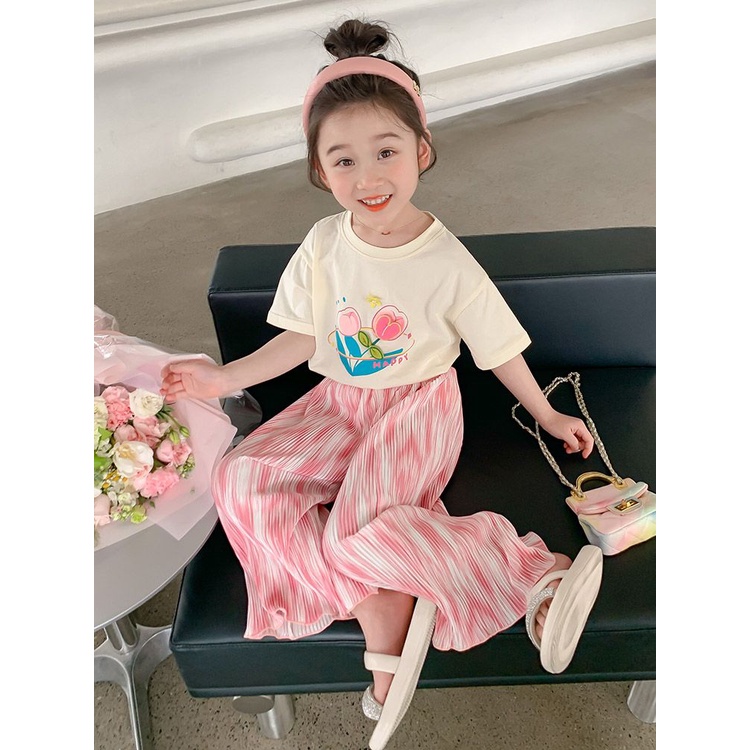 Bộ Đồ Thể Thao Tay Ngắn Dáng Rộng Phong Cách Hàn Quốc Thời Trang Mùa Hè Cho Bé Gái