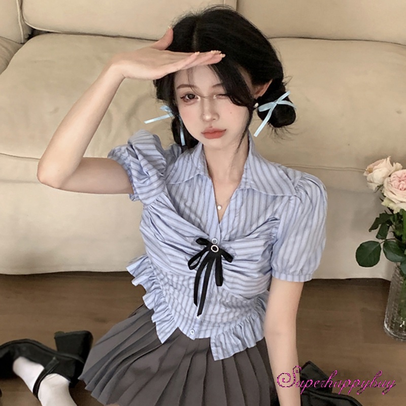 Áo Sơ Mi Tay Ngắn Phồng Họa Tiết Sọc Thời Trang Dành Cho Nữ
