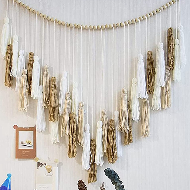 1 Thảm Dệt Macrame Lớn Màu Trắng / Be / Khaki / Xanh Dương Đính Hạt Gỗ Treo Tường Trang Trí Phong Cách Boho