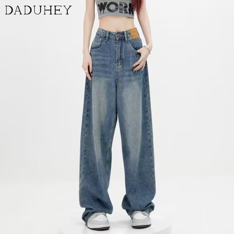 Quần jean dài DADUHEY size lớn ống rộng cạp cao vải giặt thời trang retro phong cách Hàn Quốc