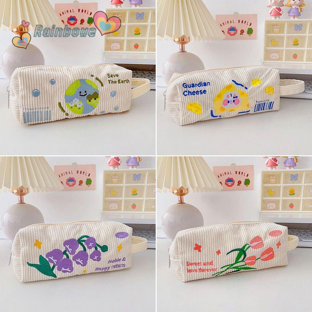 RAINBOW Túi Đựng Bút Đa Năng Hình Vuông Bằng Vải Flannel Thêu Họa Tiết Dễ Thương Tiện Dụng