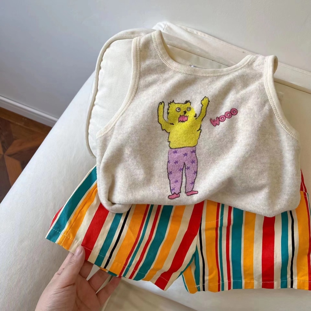 Bộ Áo Thun Sát Nách + Quần Short Thể Thao Dáng Rộng Màu Cầu Vồng Thời Trang Mùa Hè Cho Bé Gái