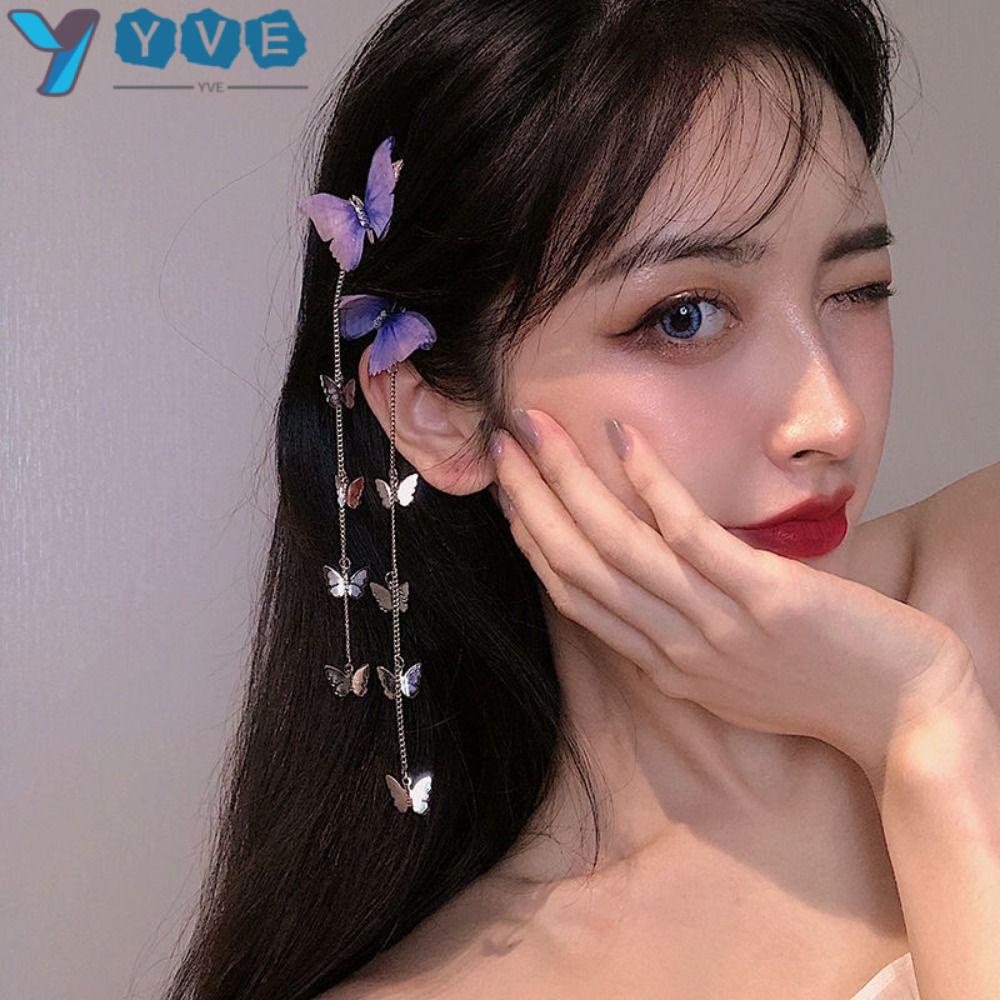 YVE 1 Cặp Kẹp Tóc Tua Rua Hình Bướm Bằng Hợp Kim Đính Đá Cổ Điển Thanh Lịch Dành Cho Nữ