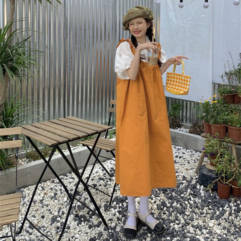 Set babydoll Đầm Yếm Lửng Hai Dây Dáng Rộng Phong Cách Preppy Dễ Thương Thời Trang Mùa Hè Dành Cho Nữ Sinh